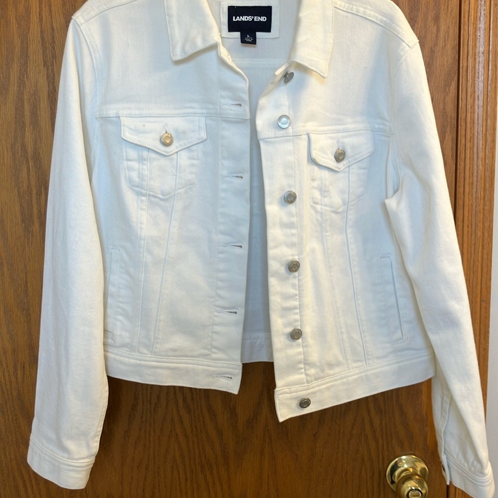Lands end white denim jacket L biker style